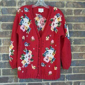 Floral Hand Knit Cardigan Sweater Vintage Susan Bristol  Red Flowers Beads Sz M